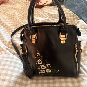 Floral Embroidered Black Handbag